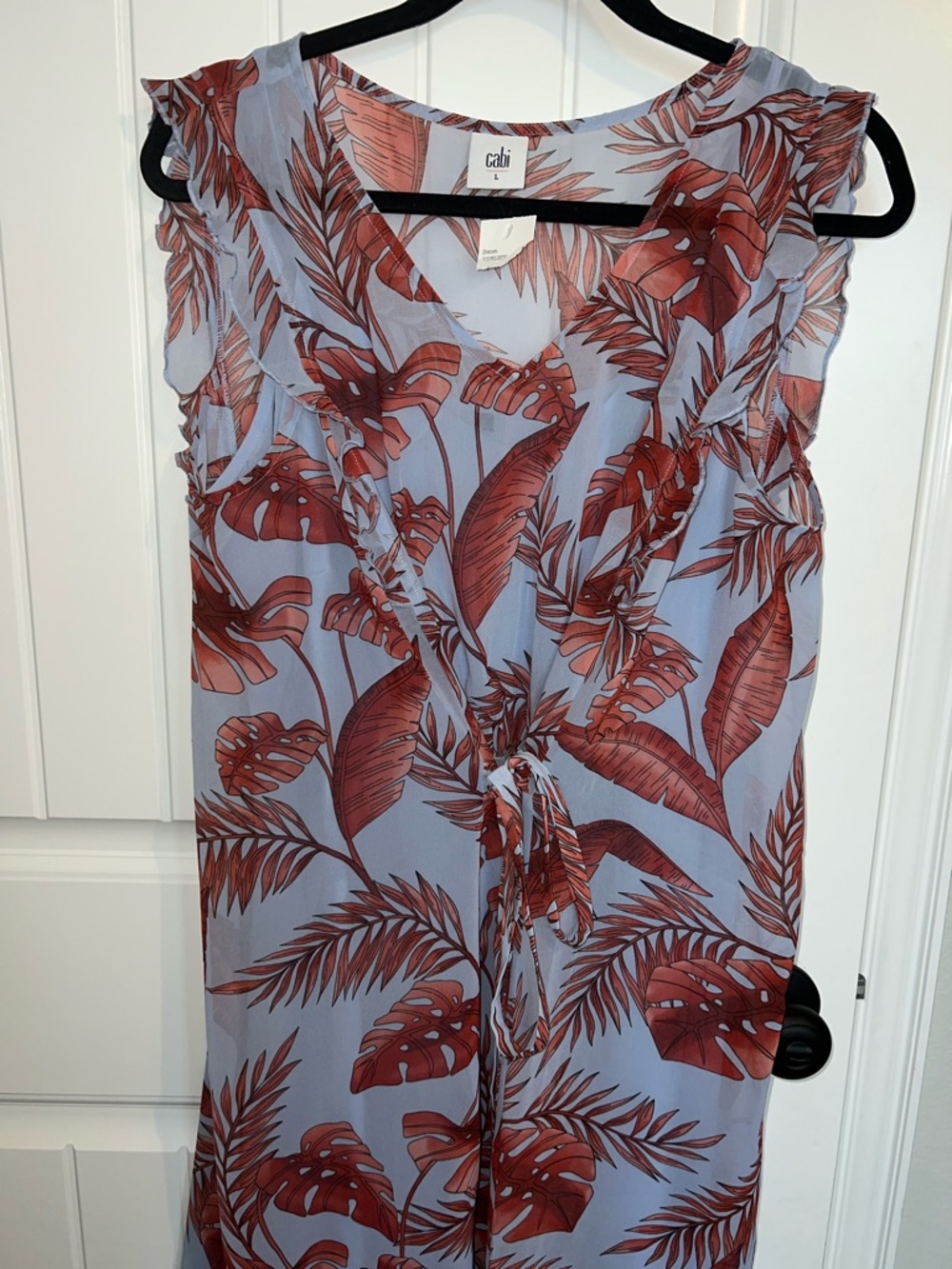 NWT! CAbi Isabel V-Neck Mini Dress in Light Blue with Coral Leaf Print Size L - Picture 12 of 16